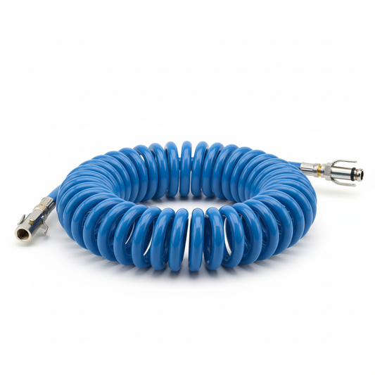 Polyurethane Recoil Air Hose, Air Compressor Hose 1/4" Inner Diameter by 25' Long with Bend Restrictor, 1/4" Industrial Quick Coupler and Plug, Blue